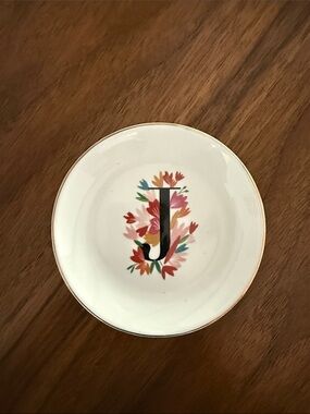 Sezane White Floral 'J' Trinket Dish with Gold Rim